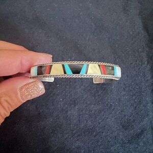 Sterling silver, turquoise, coral, jet black, and shell bracelet